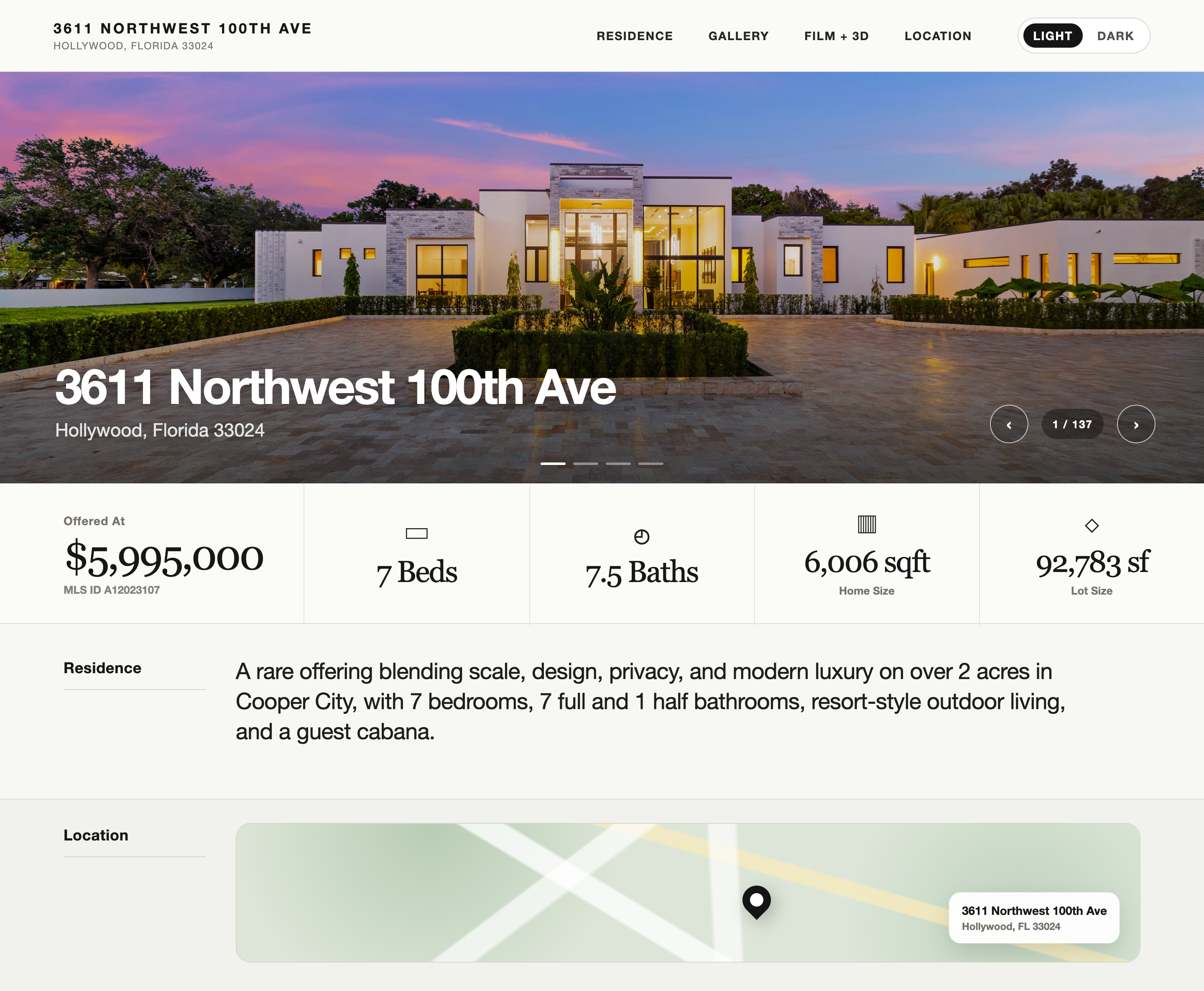 Property website preview showing the navigation menu, hero slider, listing details, short residence description, and location map for 3611 Northwest 100th Ave